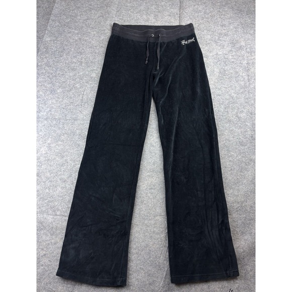 Hale Bob Pants - Hale Bob Womens L 00s Y2K Black Velour Track Suit Pant Low Rise Wide Leg Pockets